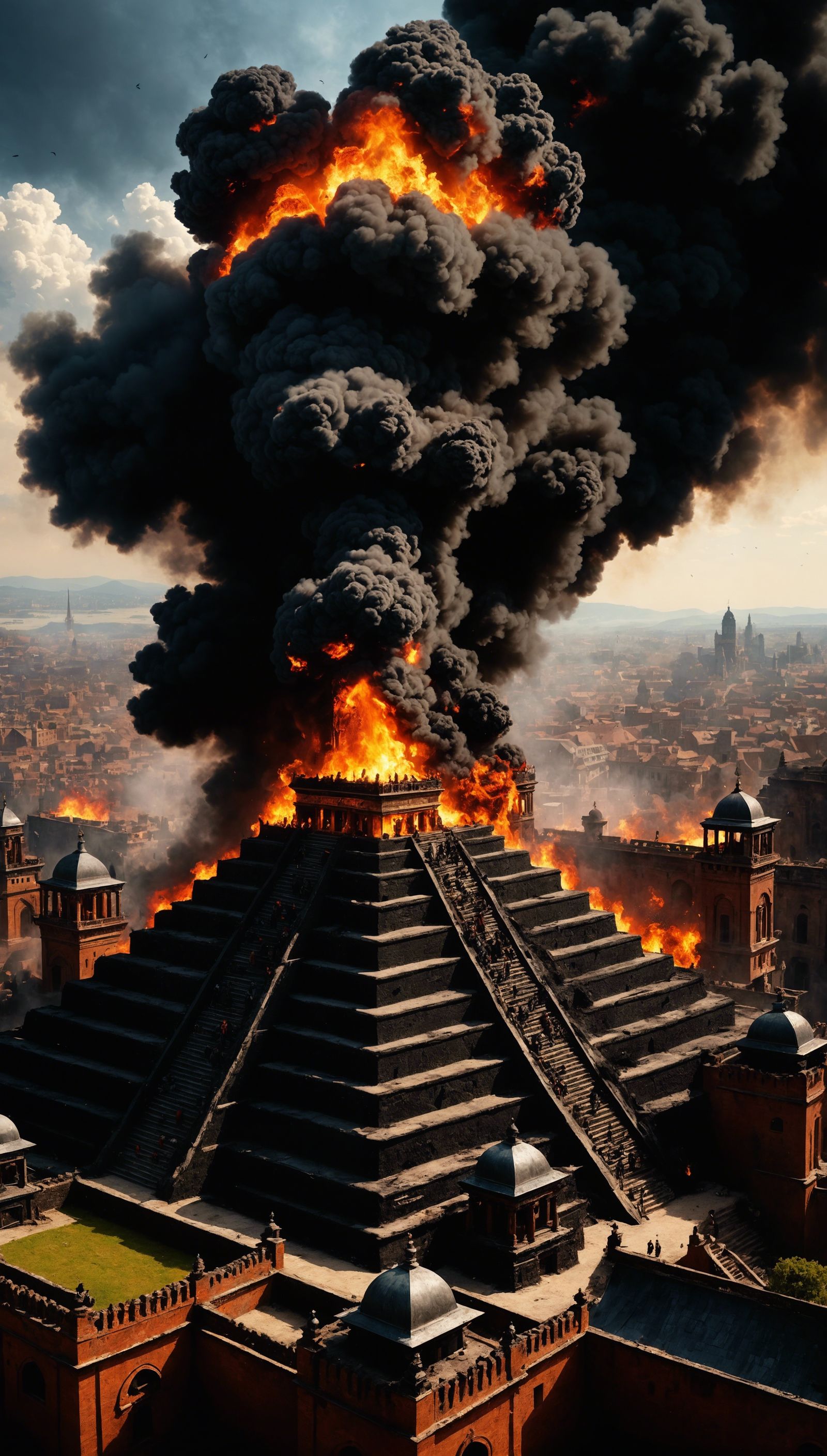 Fire and brimstone fall on a ziggurat burning with black smo...