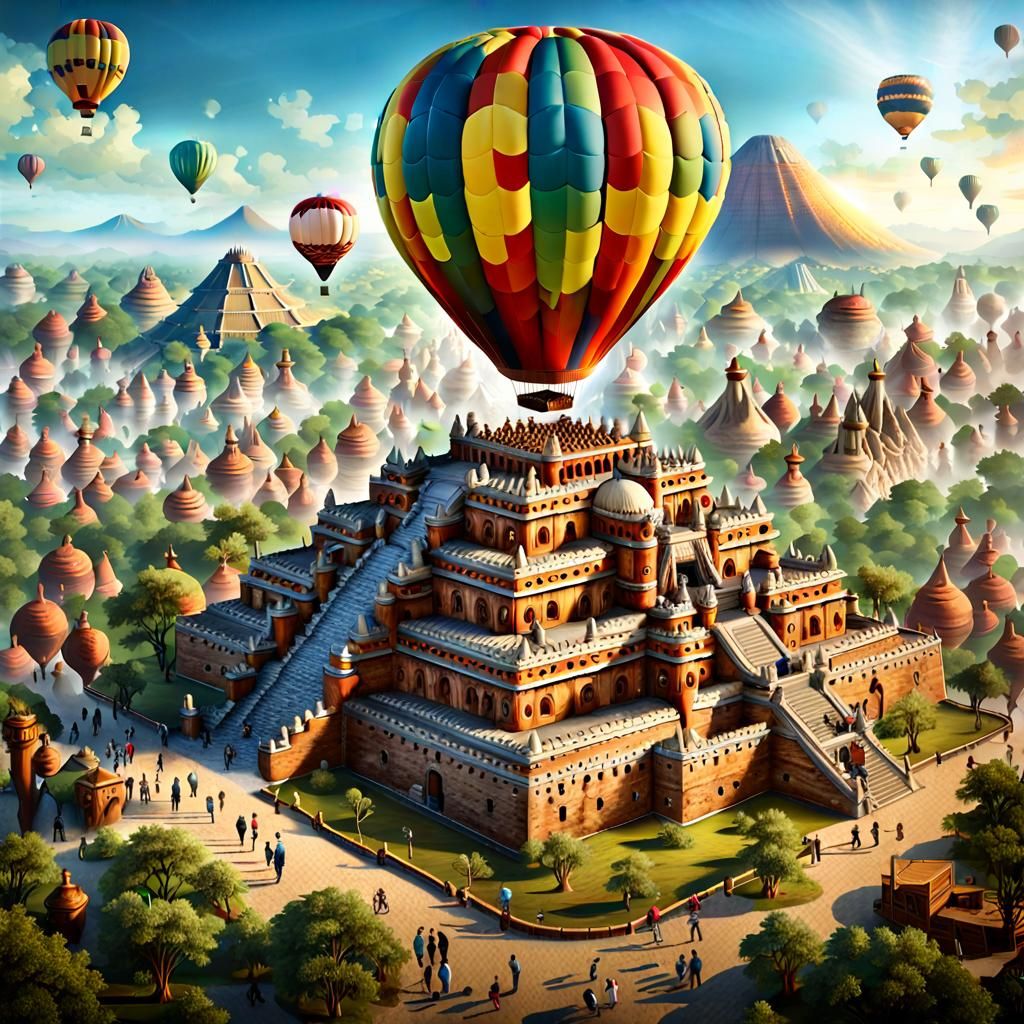 Hot air balloon flying over Chichen Itza in Mexico