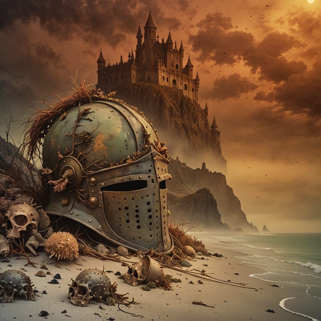 Melancholy Knight's Helmet on Misty Beach 🛡️🌊