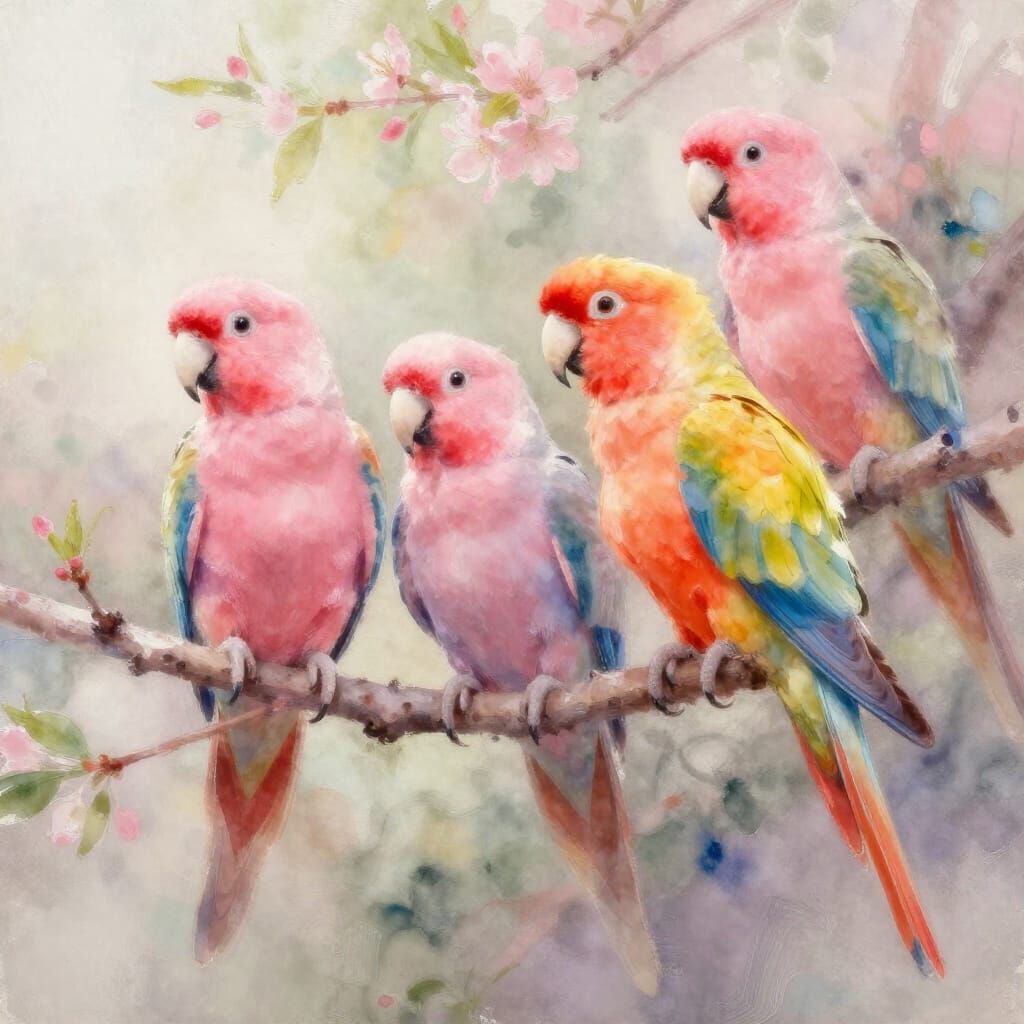 Impressionistic Parrots in Soft Spring Colors