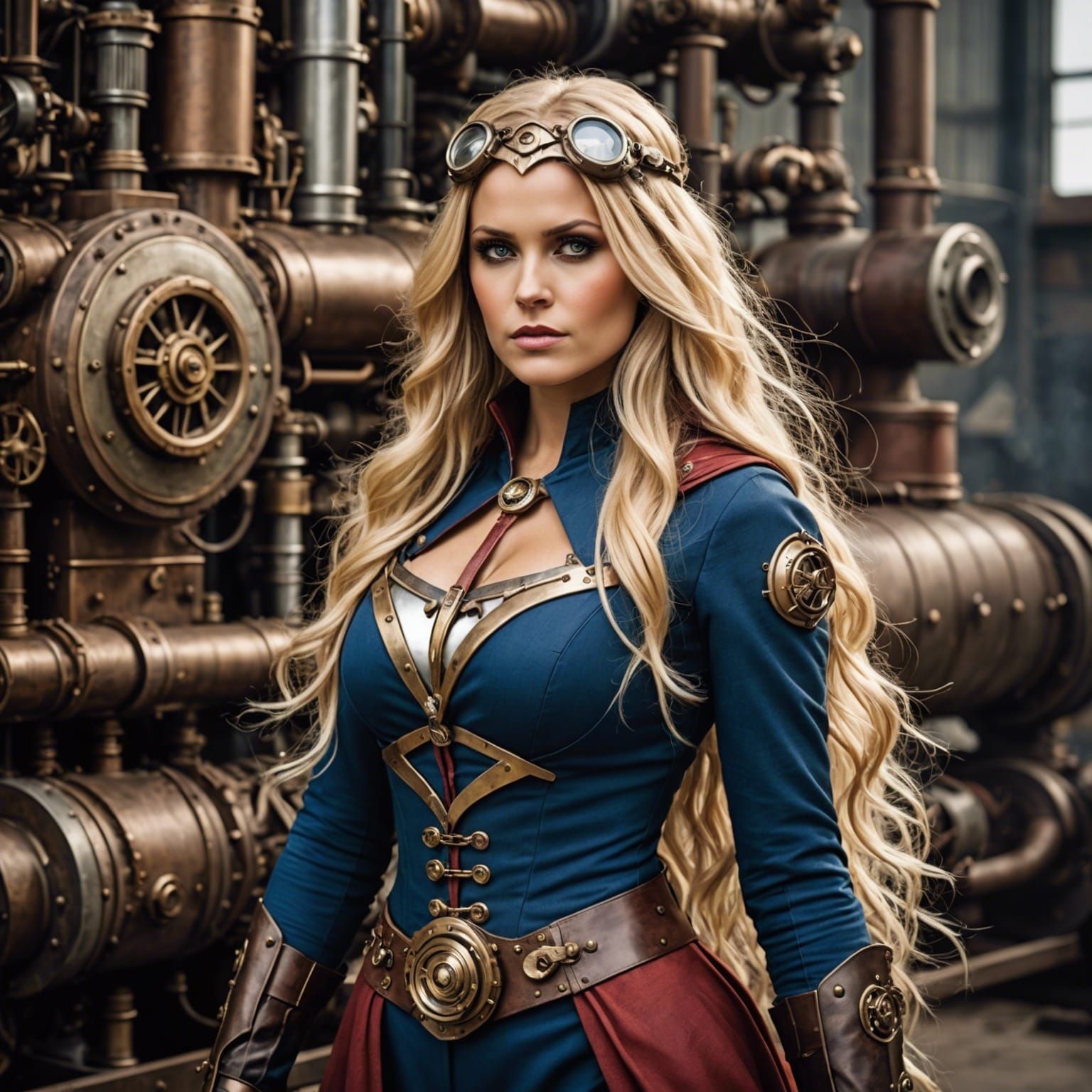 steampunk version of superwoman with long blonde hair
