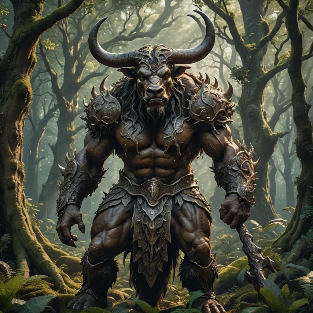 3D fantasy art, anthropomorphic Minotaur in a magical Forest...