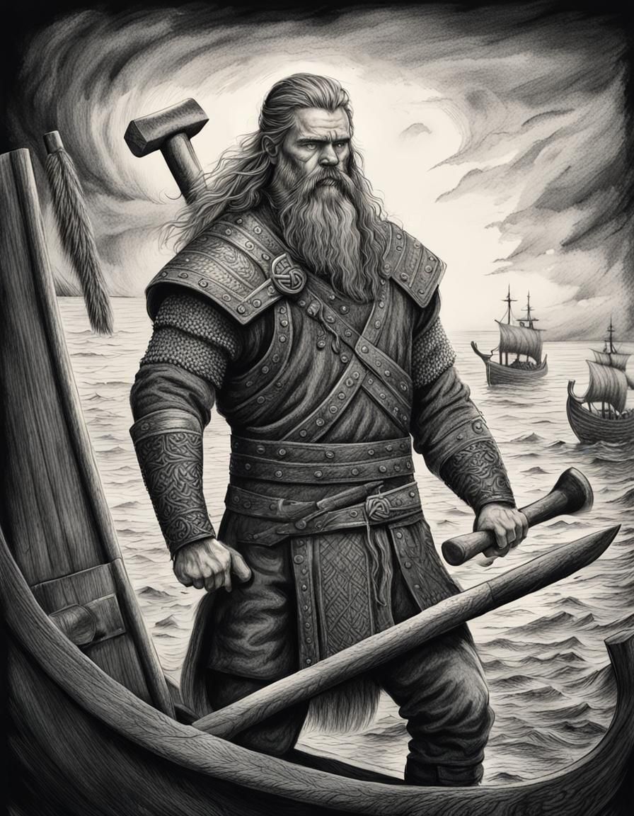 Viking without helmet. Long hair and beard. Building  longship with a big hammer in his hands. 