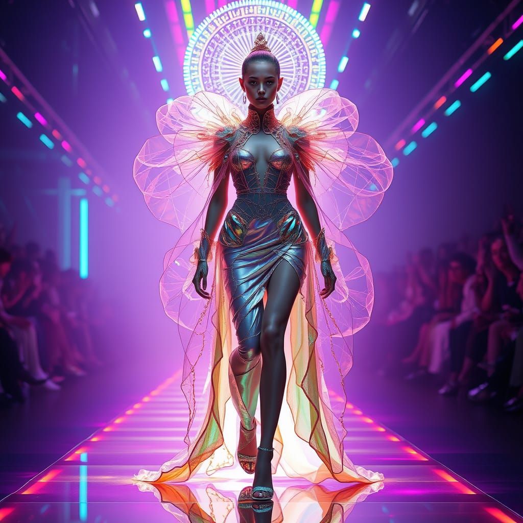 model wearing a high-fashion outfit in a glowing runway setting. 8k  by @Anywho