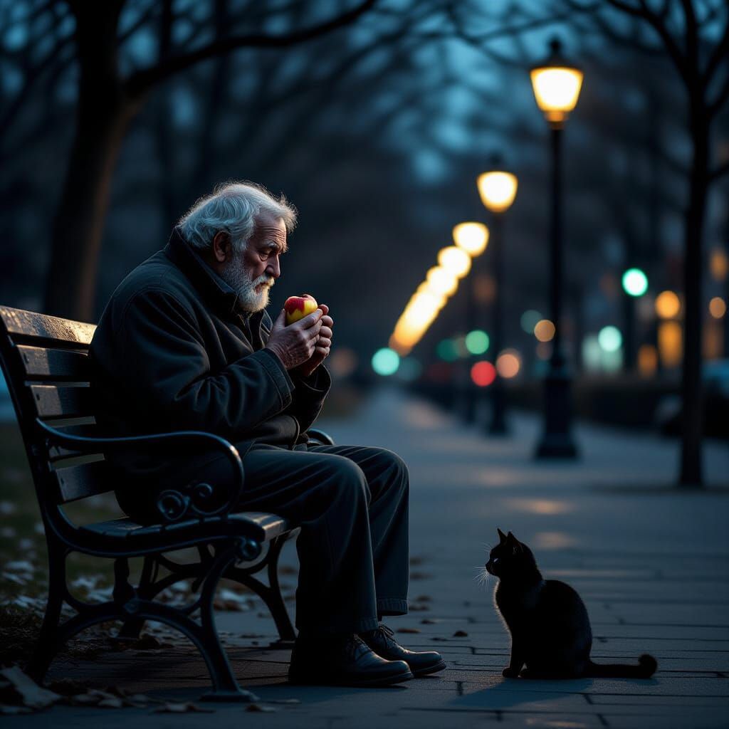 Melancholic Old Man on Park Bench with Black Cat