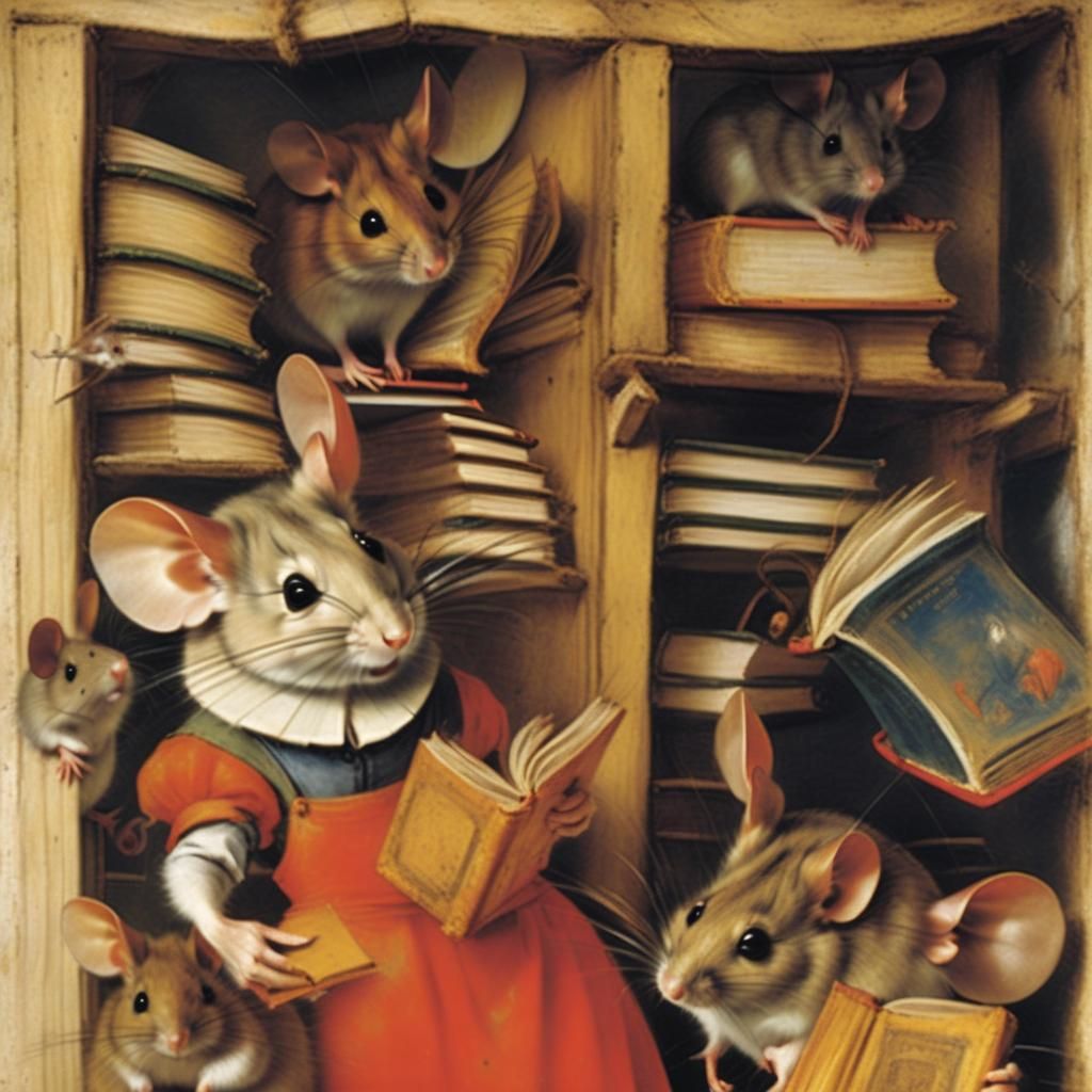 Mice love books and store them in a warm barn 
By Frans Snyders, Marc Chagall and Filippo Lippi  by @Clau_Pt_Vampire