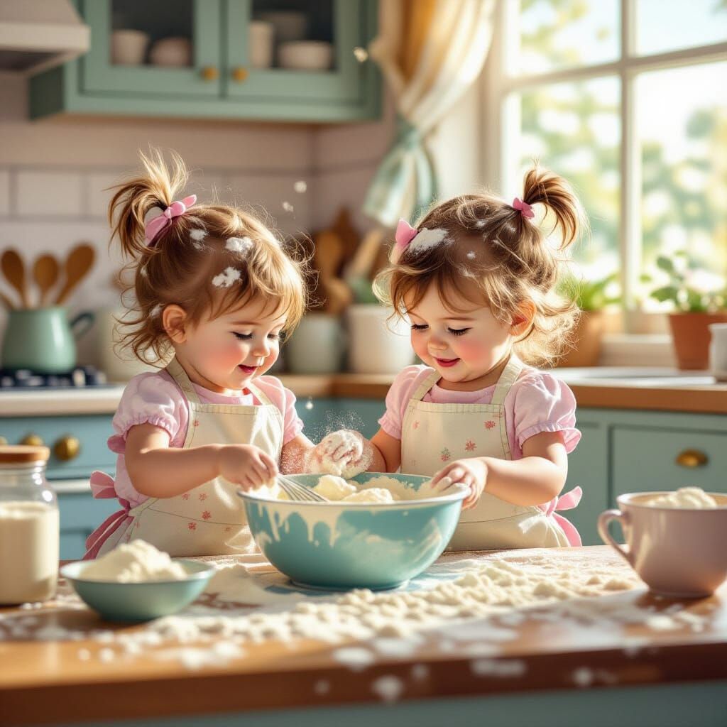Whimsical Illustration of Baby Girls Baking a Cake