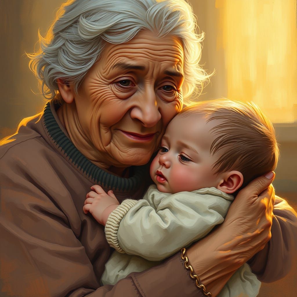 Warm Embrace: Elderly Woman Hugs Baby in Soft Light
