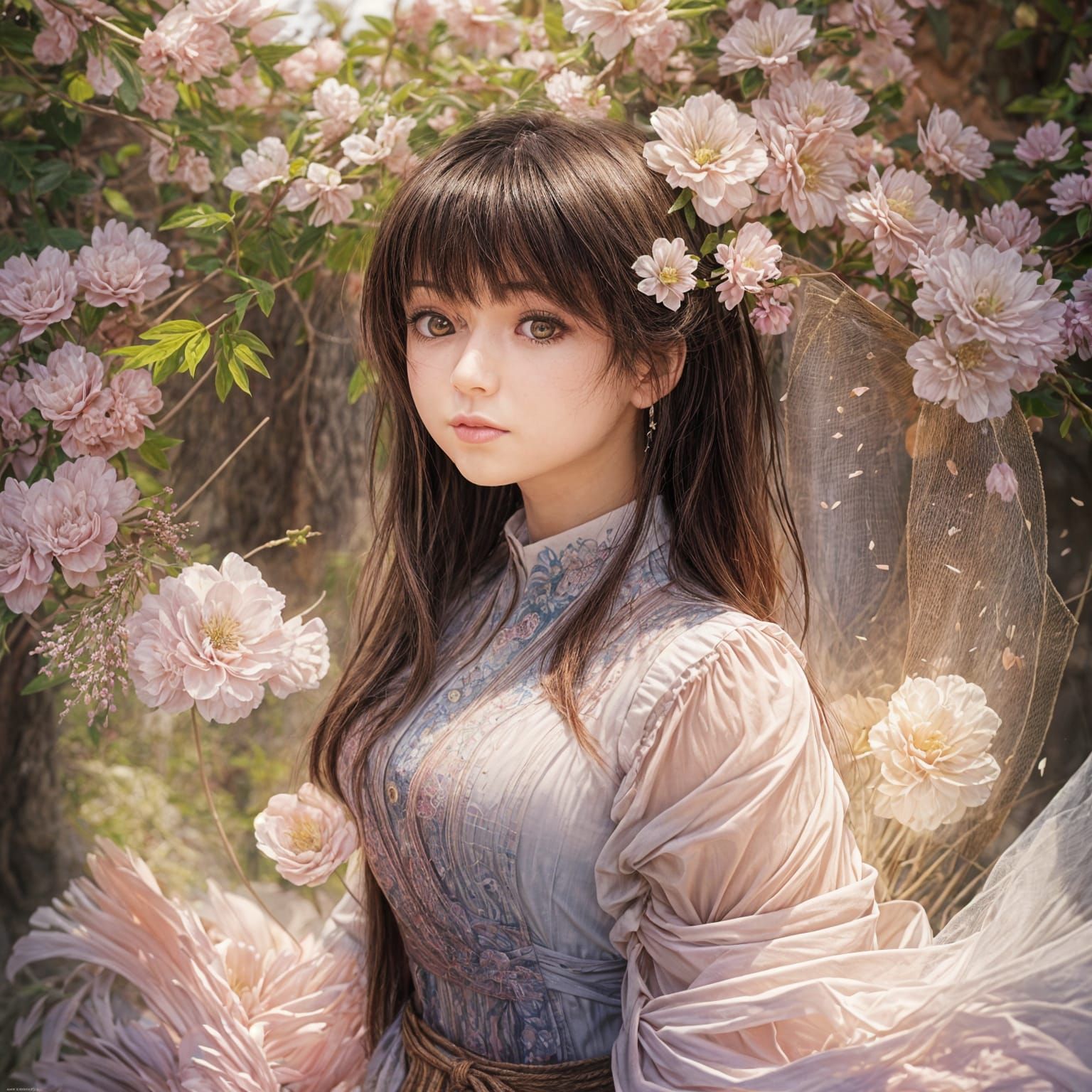 Japanese Girl in Vintage Style Smelling Cherry Blossoms