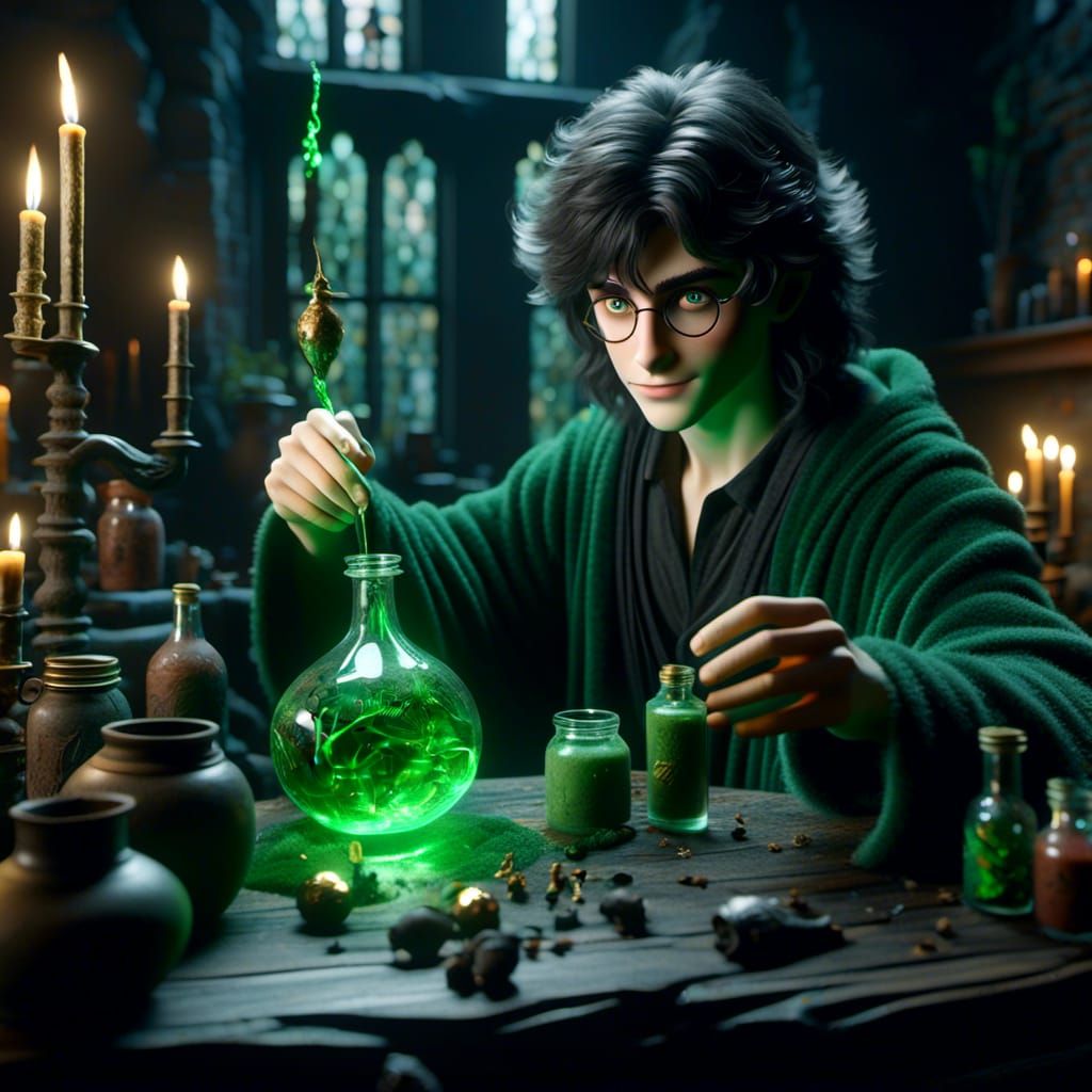 <lora:Multi-Genre Fusion:1.0> Harry Potter with black hair and green eyes making magical potions. Hyperdetailed, hyperrealism, volumetric li...