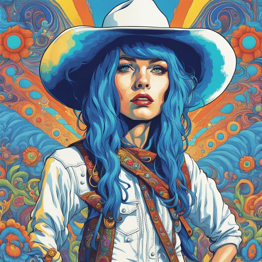 Psychedelic Cowgirl in white with a blue hair