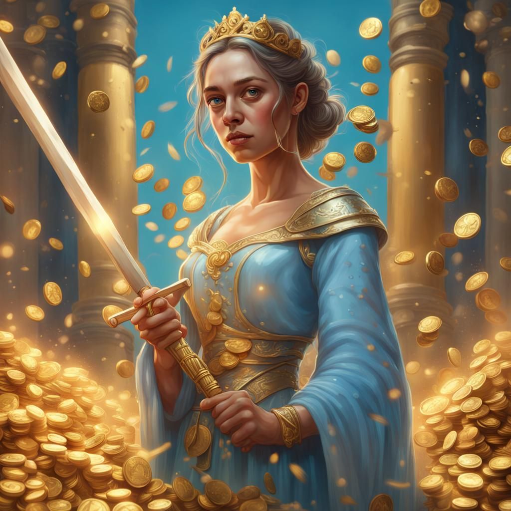 a princess in a pastel blue dress holding a golden sword sur...