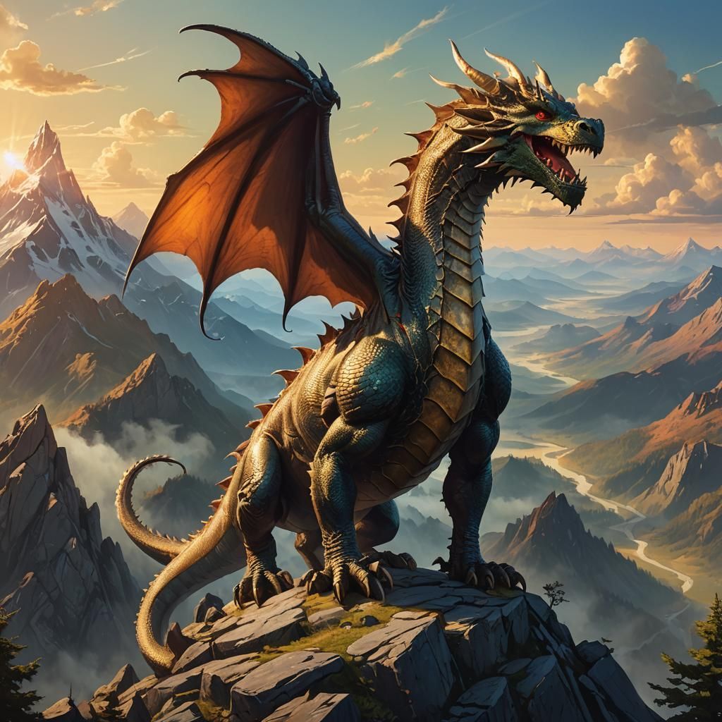 Mighty Dragon on Mountain Peak in Golden Light