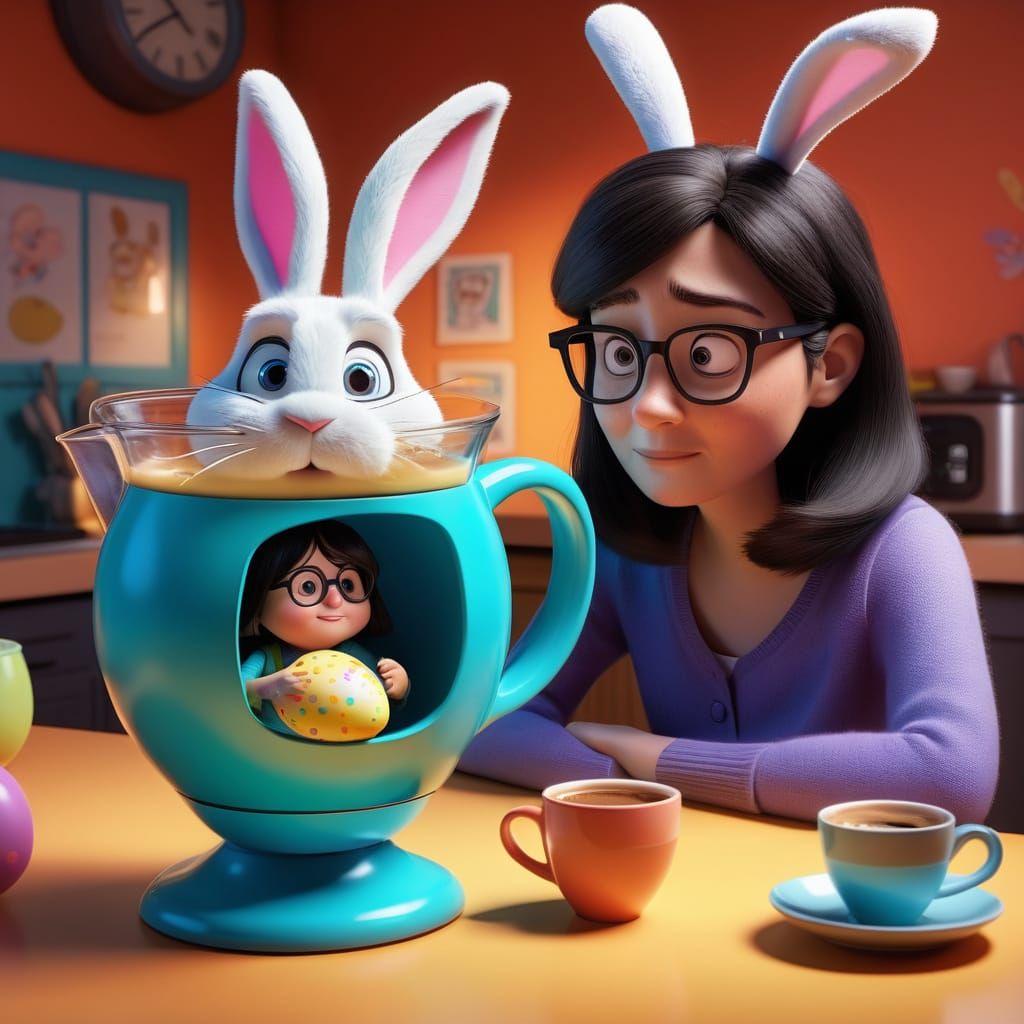 Easter Bunny Surprises a Tired Woman in Her Coffee Maker, in...