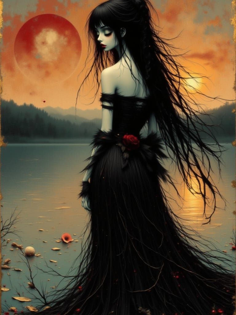 <lora:Manga Gothica:1.0> Manga Gothica, Sophisticated Elegance, "Curves of Moonlight”, A breathtakingly gorgeous gothic manga goddess stands...