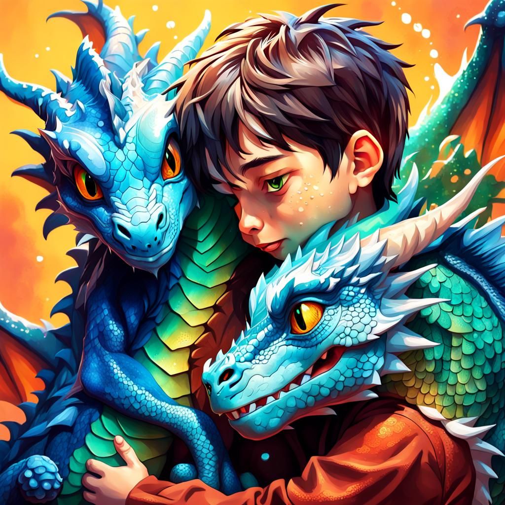 Boy hugging his cute pet dragon  by @Erica
