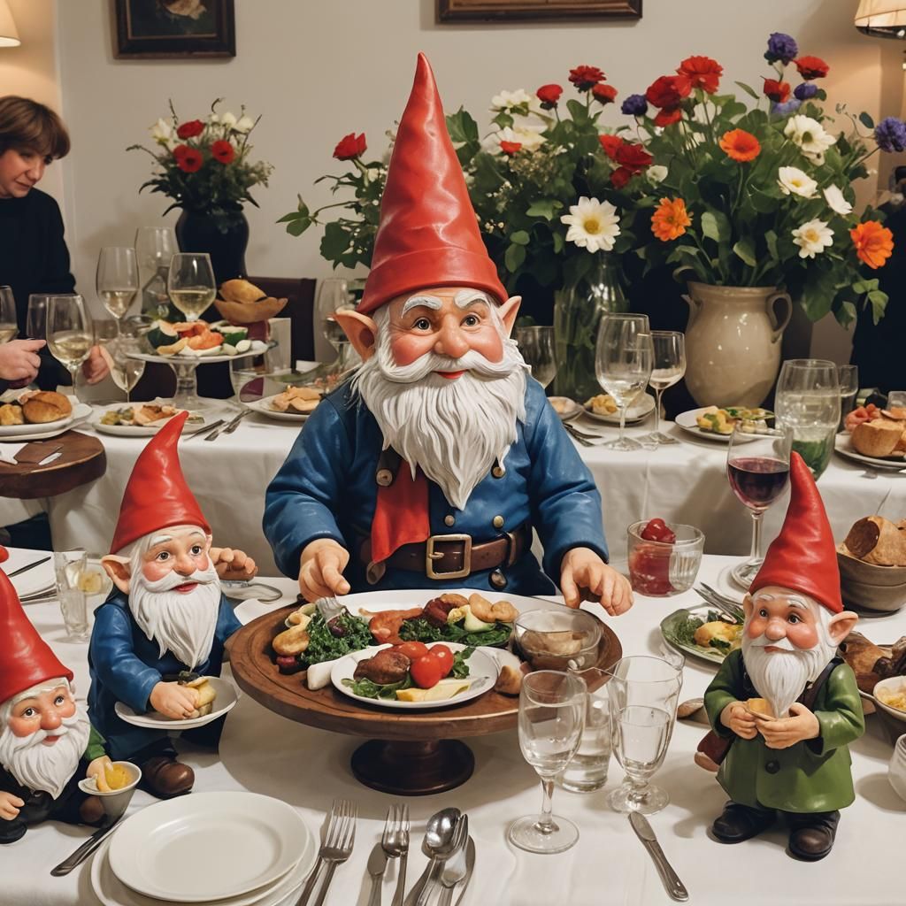 An gnome at a dinner party.