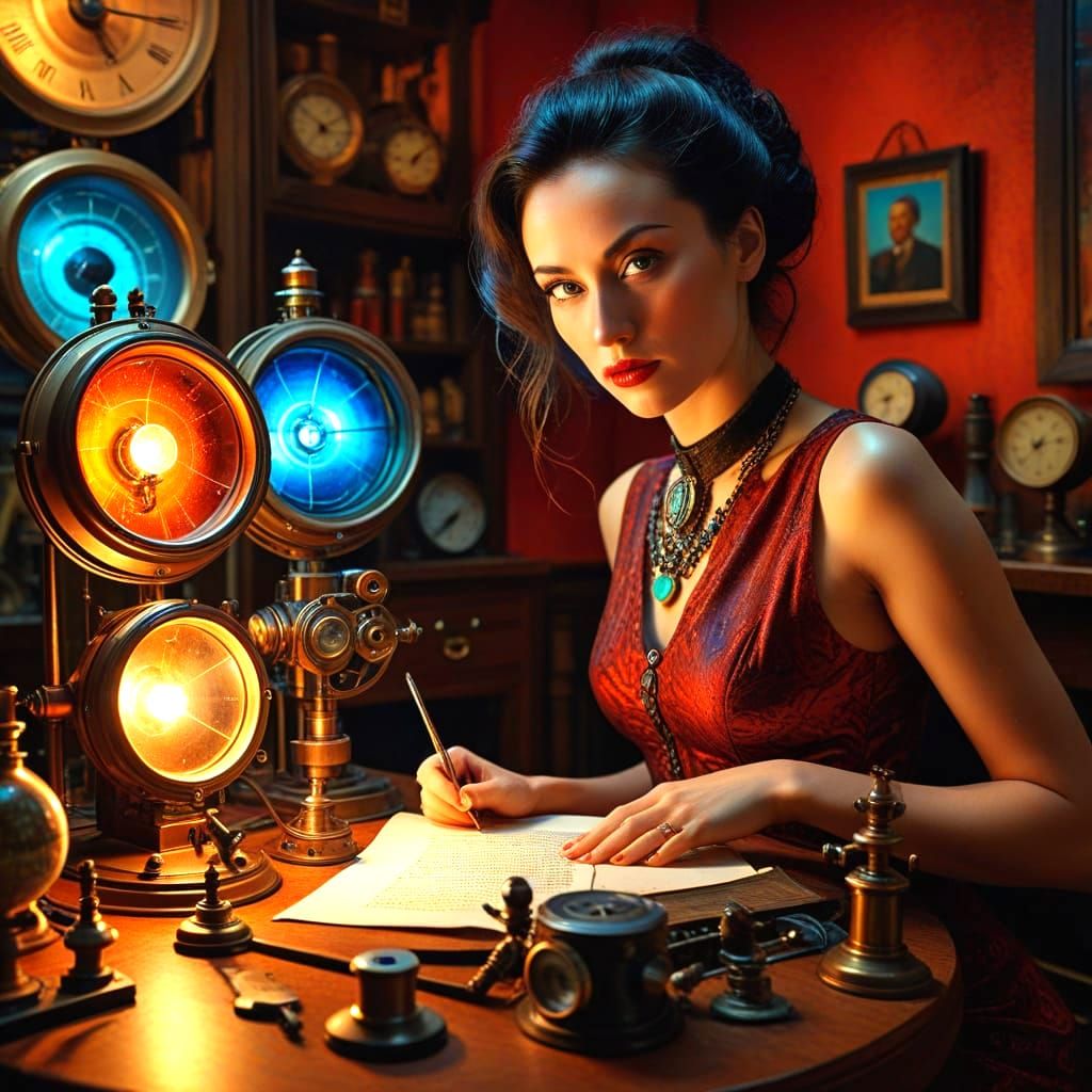 Vibrant Lady in a Whimsical Scientific Wonderland