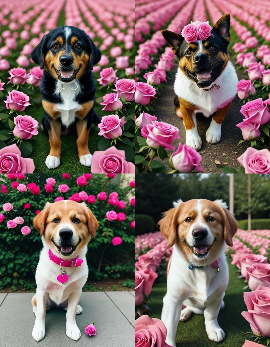 (Dog surrounded by gorgeous pink roses:1)