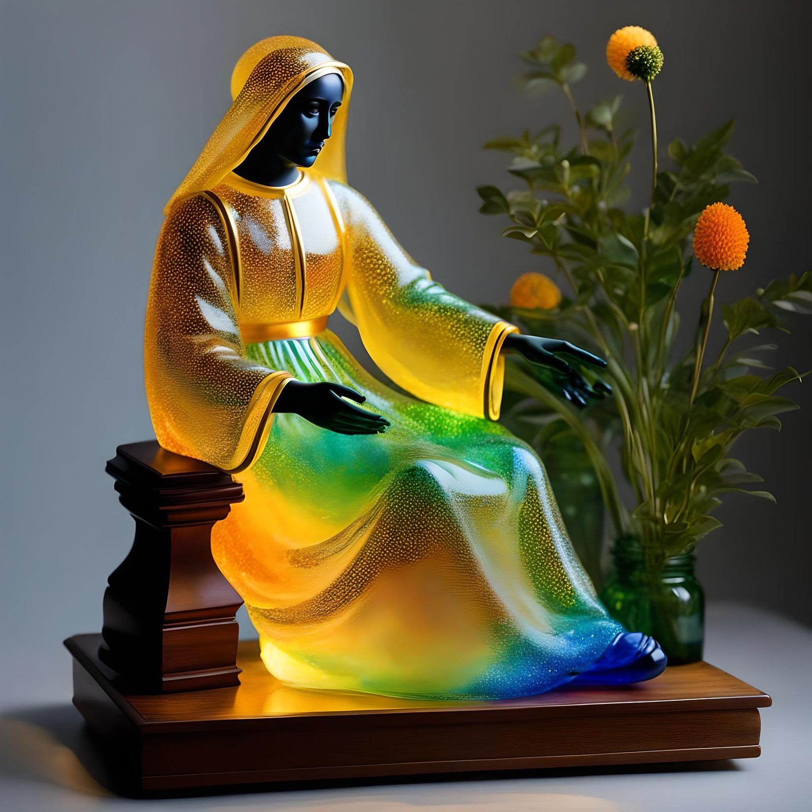 Luminous Glass Woman: Pointillist Pre-Raphaelite Statue