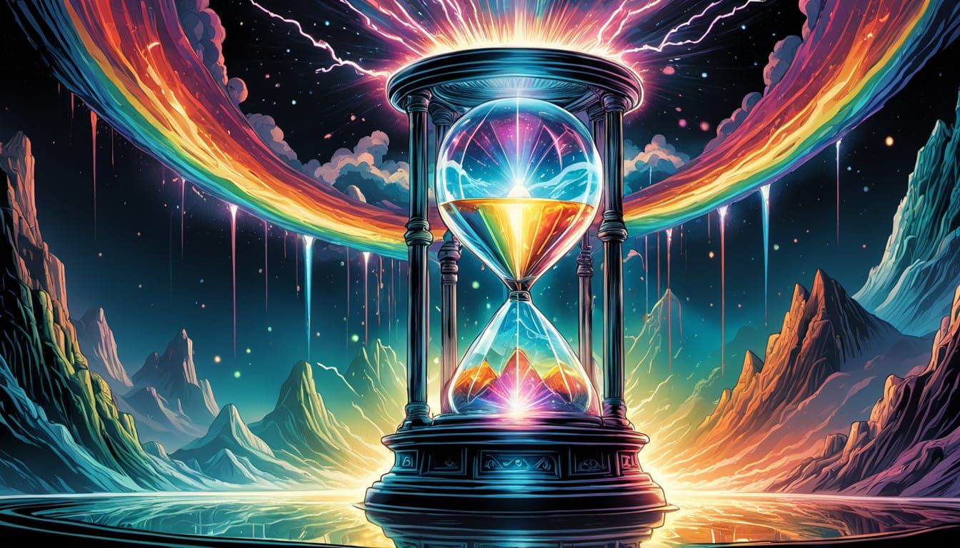 A surreal dreamscape: a time machine shaped like a giant hourglass prism, lightning refracted through ...  by @johan