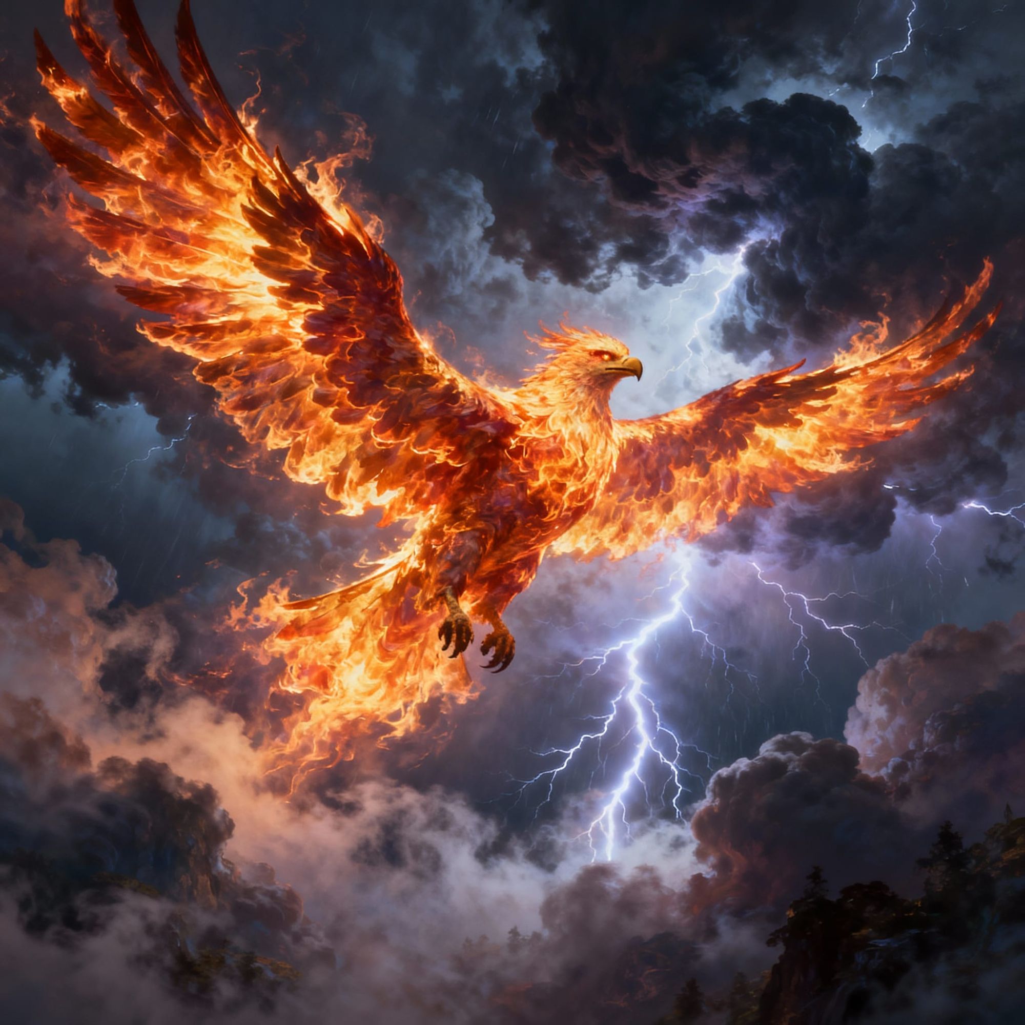 In a stormy sky filled with dark thunderclouds and flashes of lightning, a gigantic burning bird made entirely of living flame soars overhea...