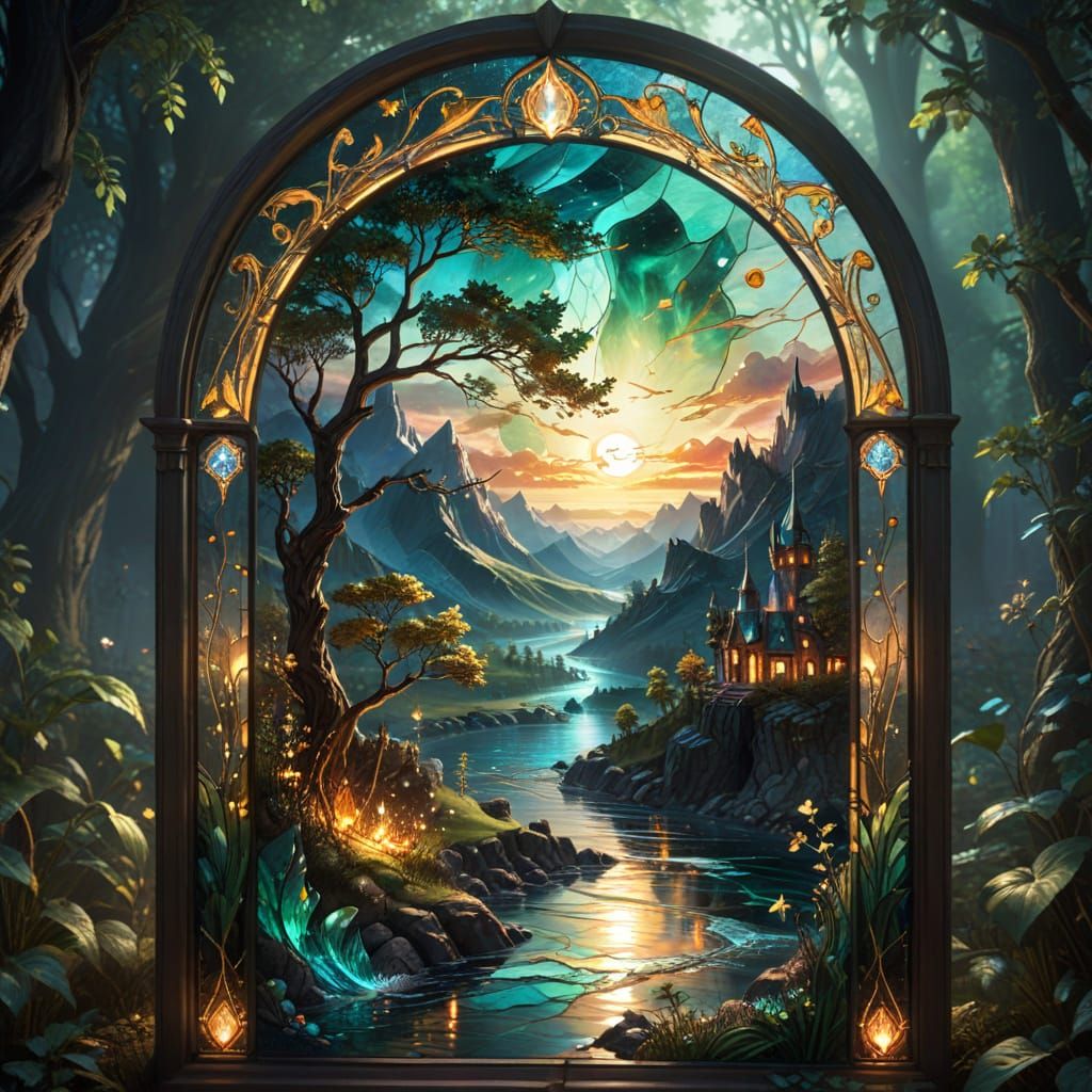 An ethereal stained-glass mirror depicting a serene landscape where rivers of molten gold flow through ...  by @Debbie Dwarika
