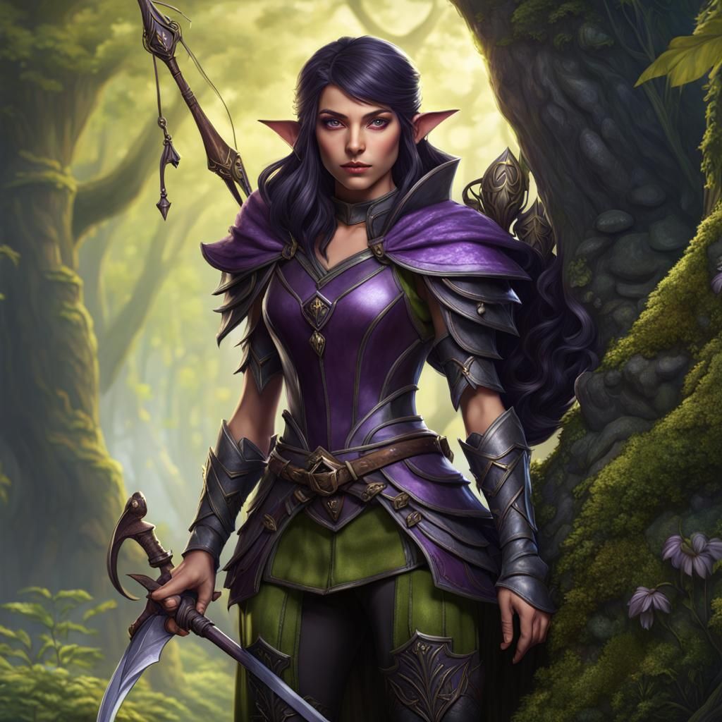Teenage Half Elf Ranger with Dark Purple Lether armor Dark G...