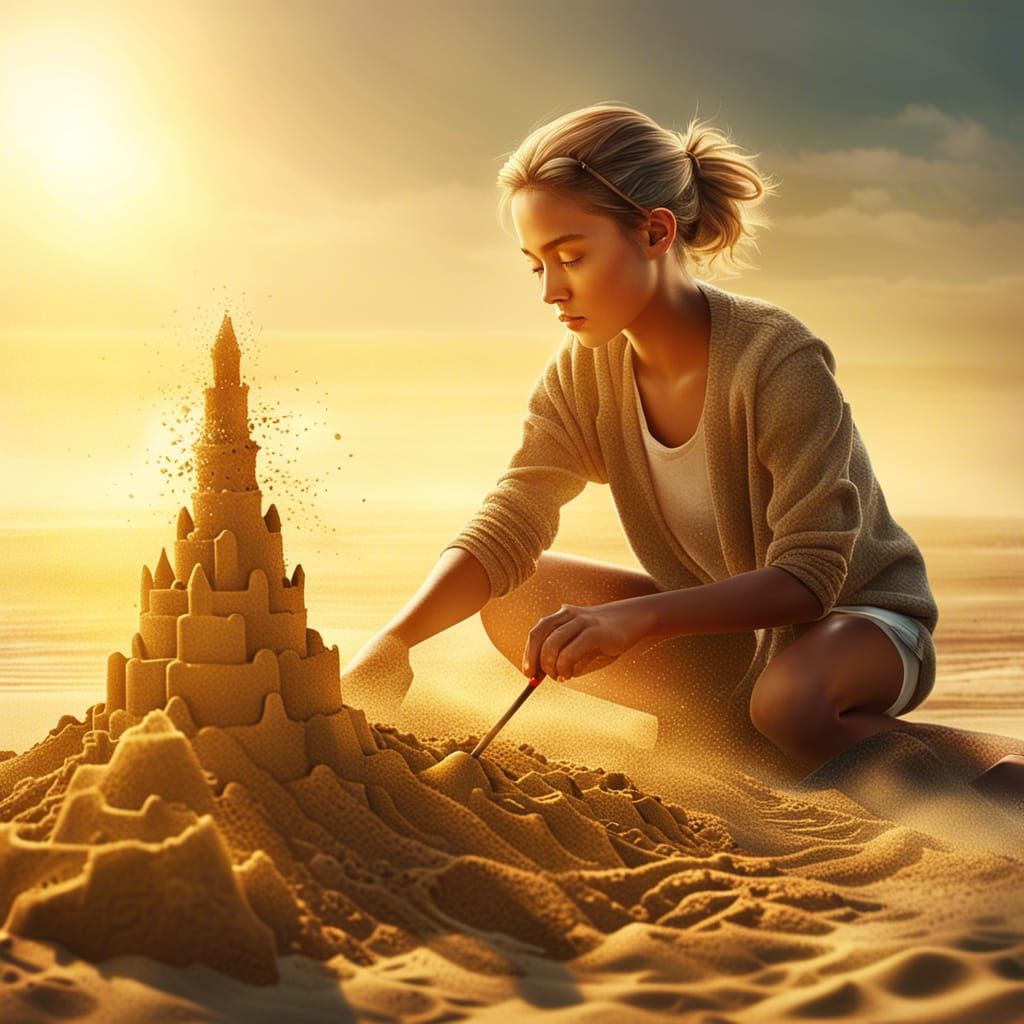Beautiful Young lady happily building a complex sand castle creation. intricate details, HDR, beautifully shot, hyperrealistic, sharp focus,...