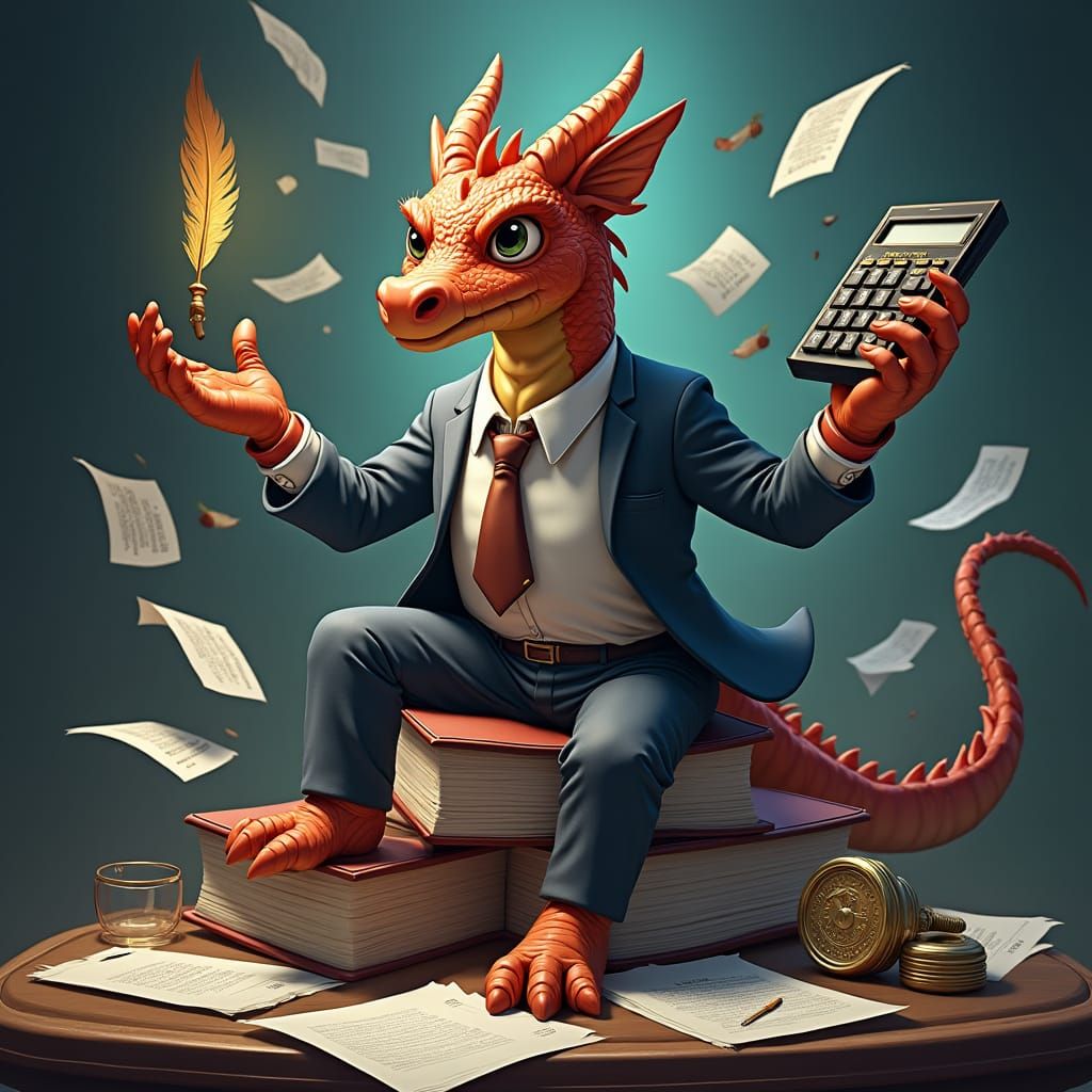 Dragon Accountant Juggling Finances as Digital Art