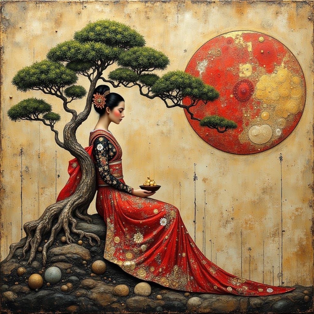 geisha tends to a bonsai tree  by @Stormborn
