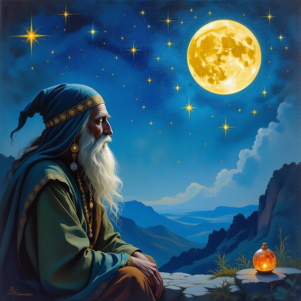 Wizard of Age Druid with future seeing eyes to the oracles of a sage way to the right path in philosophy blue hues and a reddish citrine sto...