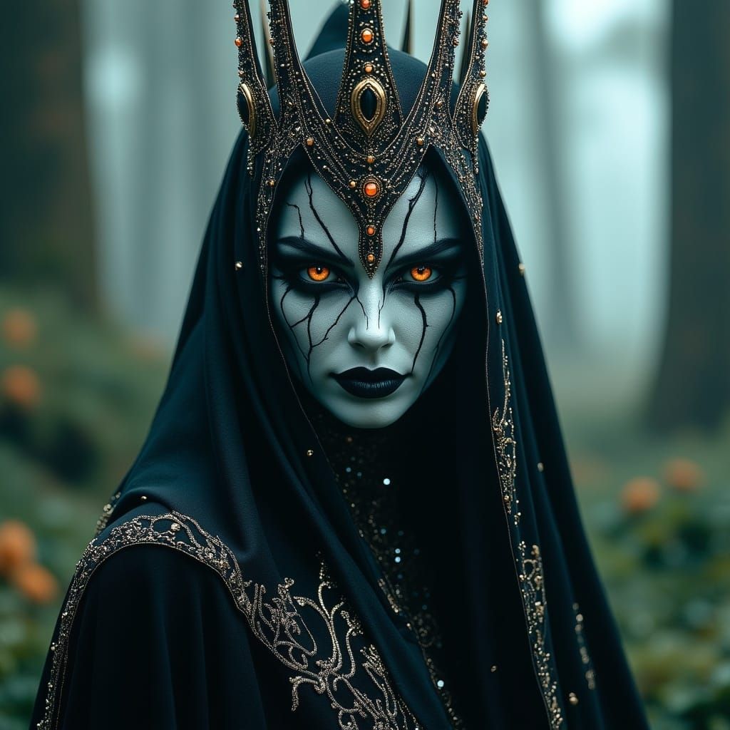 <lora:WEFx:1.0> A highly detailed portrait of a mystical sorceress queen, her face adorned with intricate silver face paint and cracked porc...