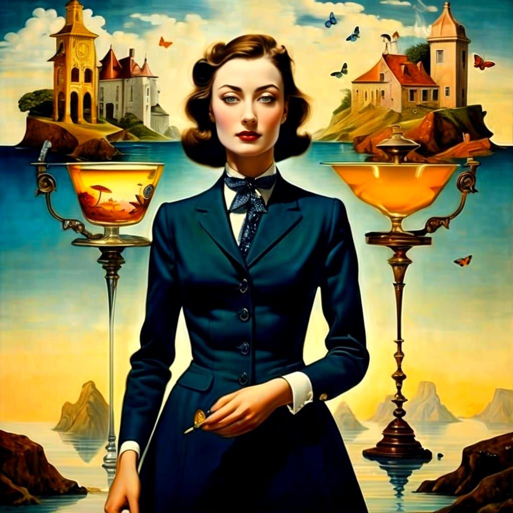 Surrealistic Lady in Vibrant, Photorealistic Landscape