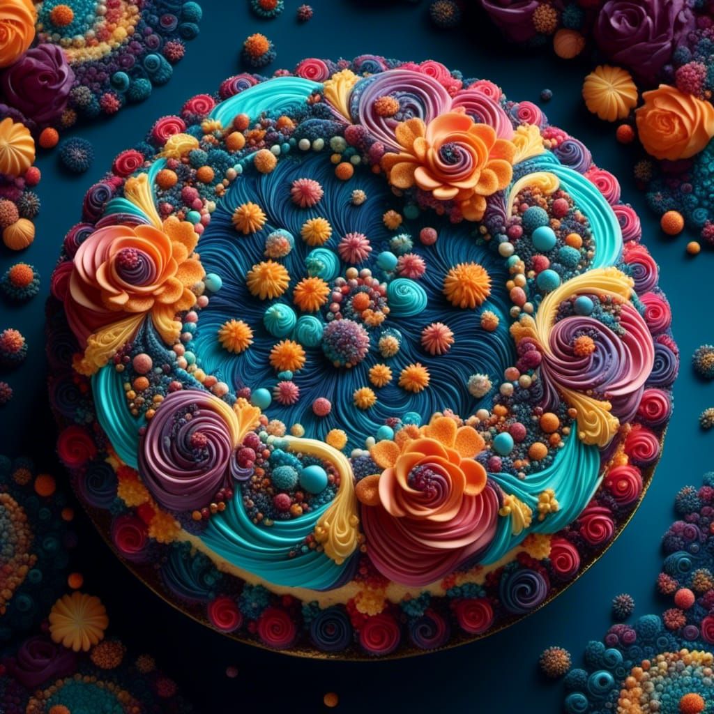 <lora:Fractalicious:1.0> A 3D hyperrealistic hyperdetailed mouth watering cake crafted intricated Fractal buttercream patterns, Vibrant Frac...
