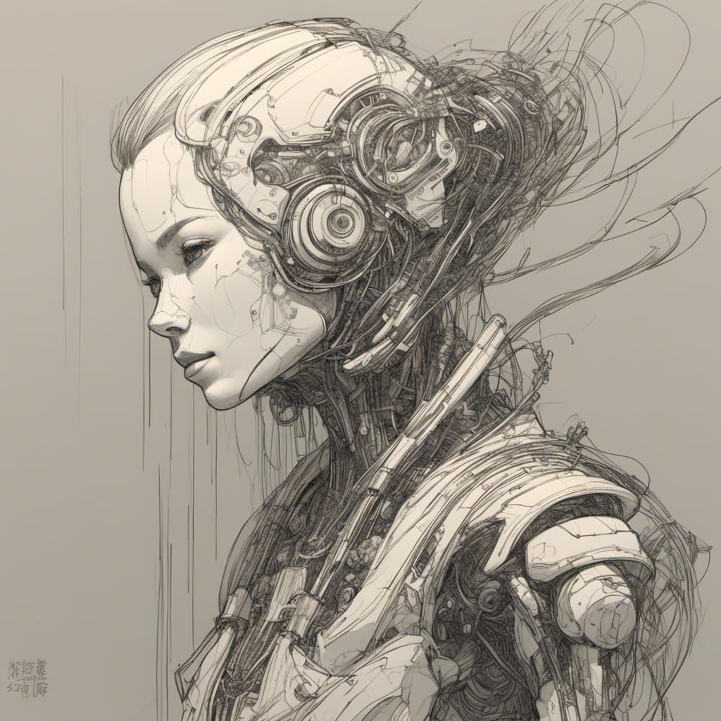 Minimalist Cyborg Portrait in Continuous Line Style