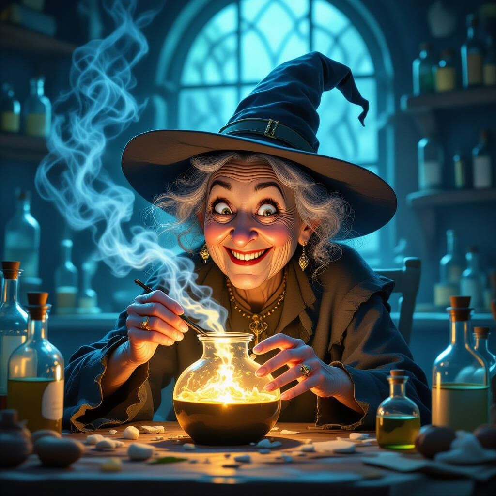 Beauty potions gone wrong
An old witch trying to make a potion of eternal youth, surrounded by broken bottles and smoke, but her face keeps ...