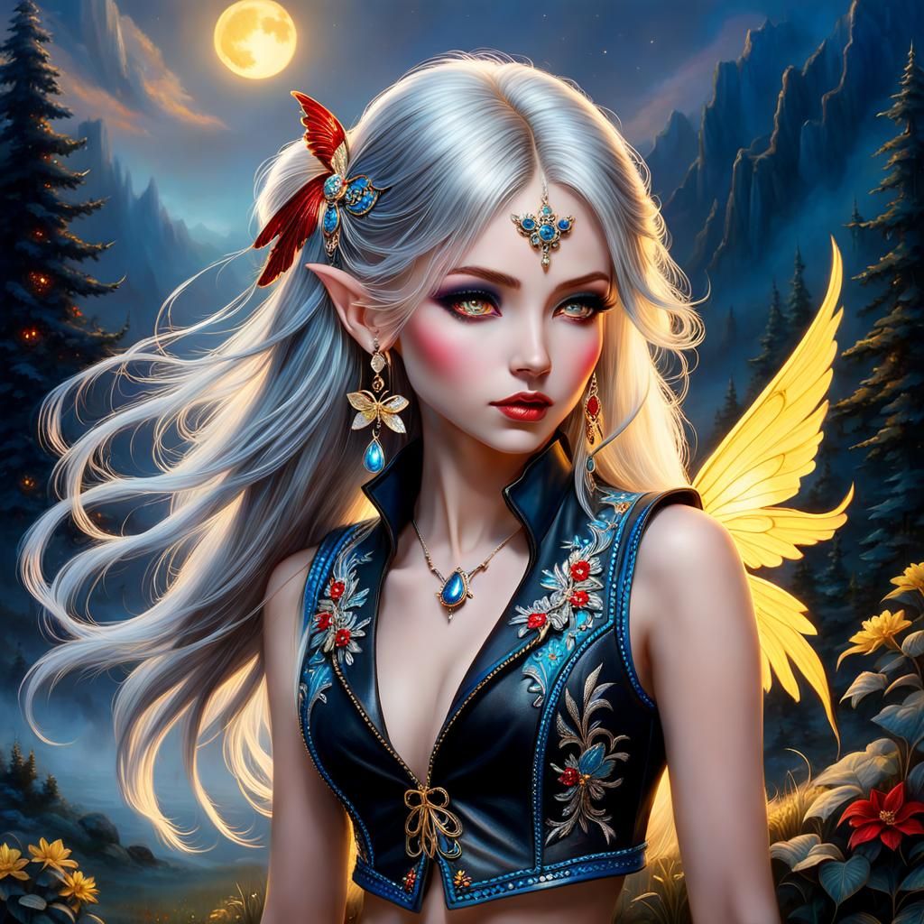 Dark fantasy portrait. Full shot. Petite teen fairy girl wit...