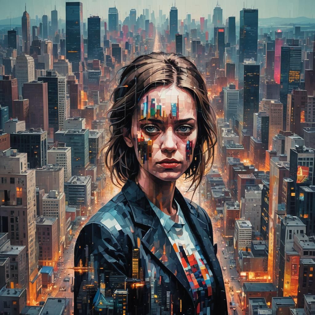 Portraits of people or animals with fragmented, pixelated ef...
