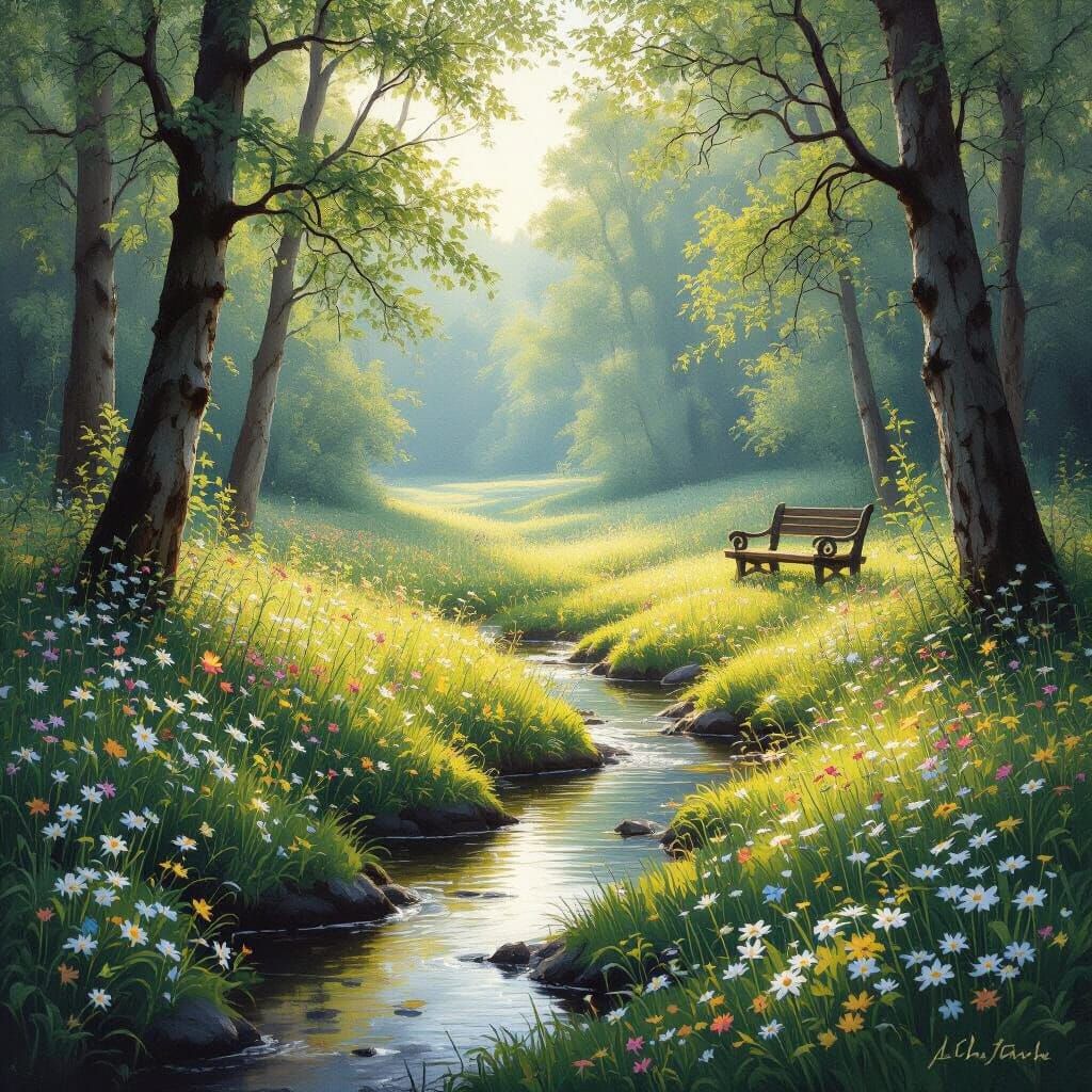 A serene landscape painting of a hidden forest clearing bathed in soft, dappled sunlight. Delicate wildflowers in full bloom carpet the grou...