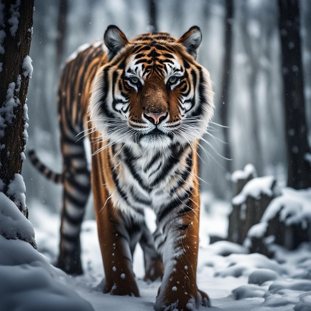 A tiger in a snowy forest  by @Some guy
