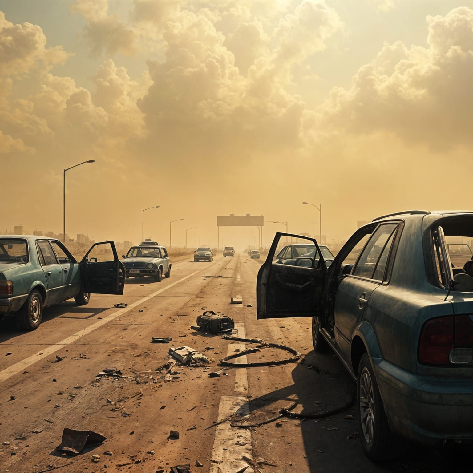 Abandoned cars parked on a deserted motorway. Some car doors left open, junk left on the floor. Apocalypse, intense, dust concept art detail...