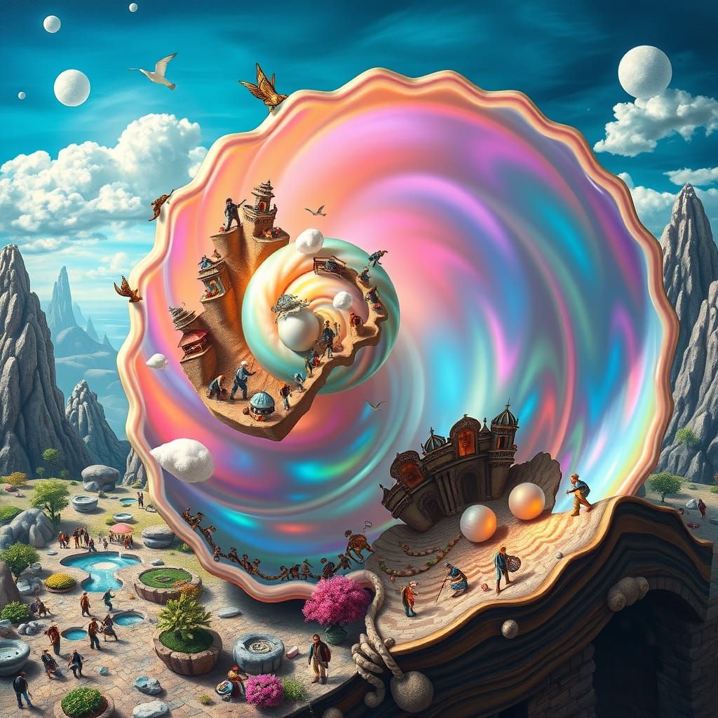 Whimsical Futuristic Seashell Globe in M.C. Escher's Style