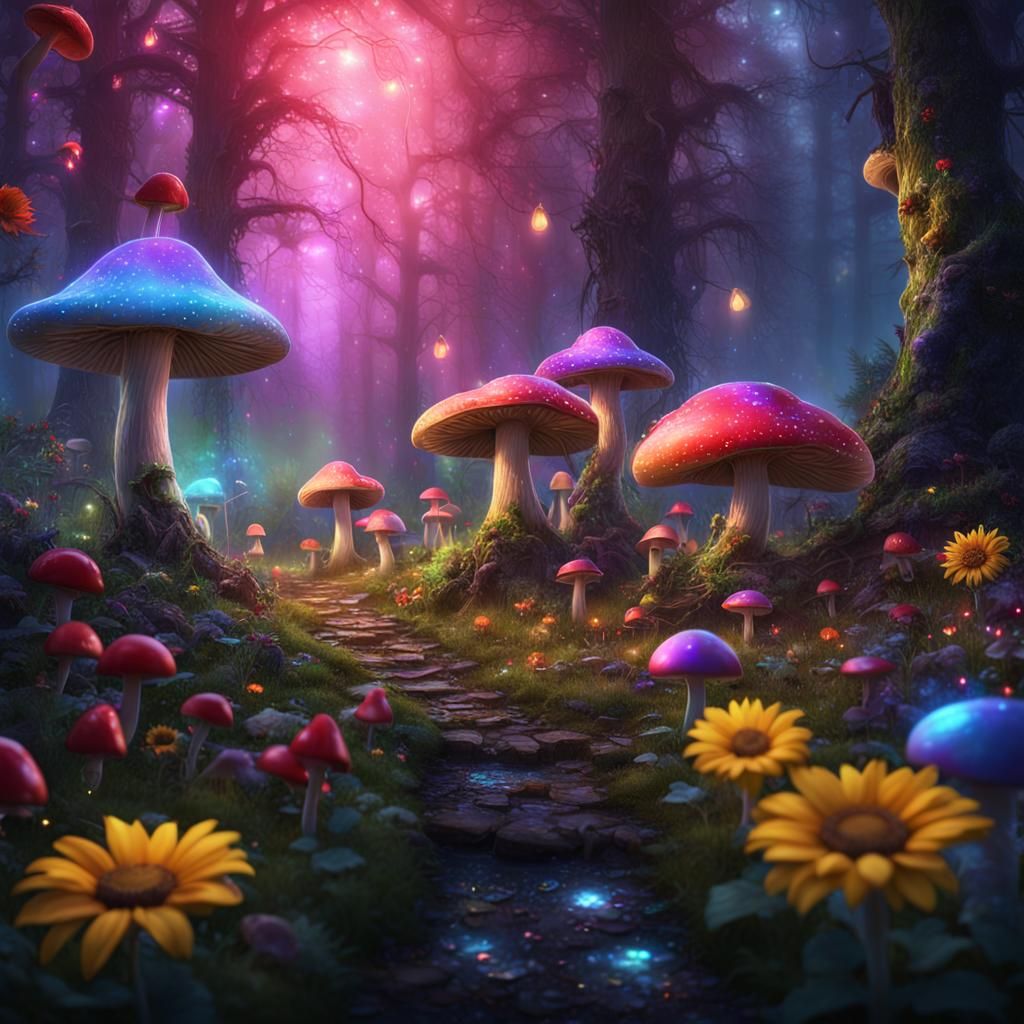 Fantasy Mushroom party in a forest with a lot of lights, far...