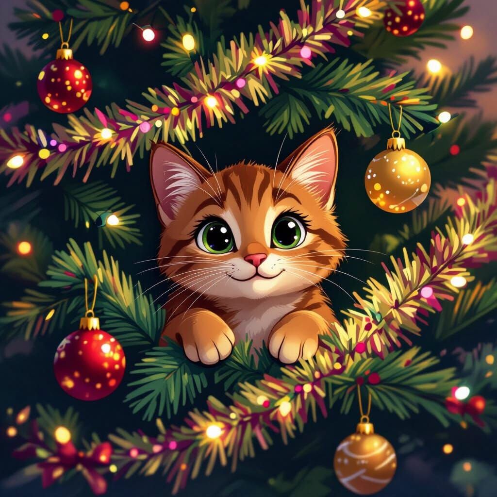a cute, beautiful brown cat in a decorated Christmas tree, with only its face visible and its paw extended, made like a cartoon