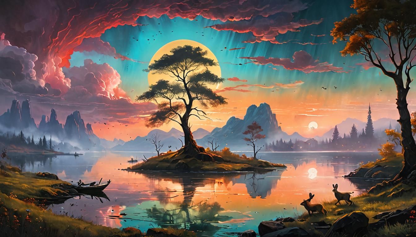 Landscape painting two suns