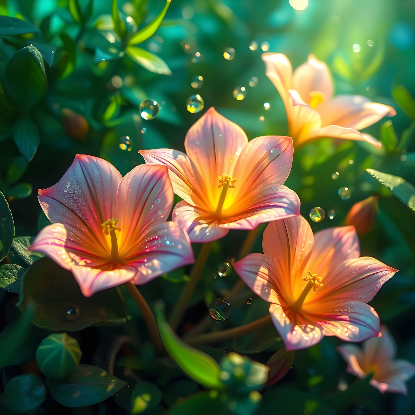 Beautiful artistic depiction of glowing fantasy flowers adorned with dew drops, surrounded by lush greenery, ...  by @Cocomococo