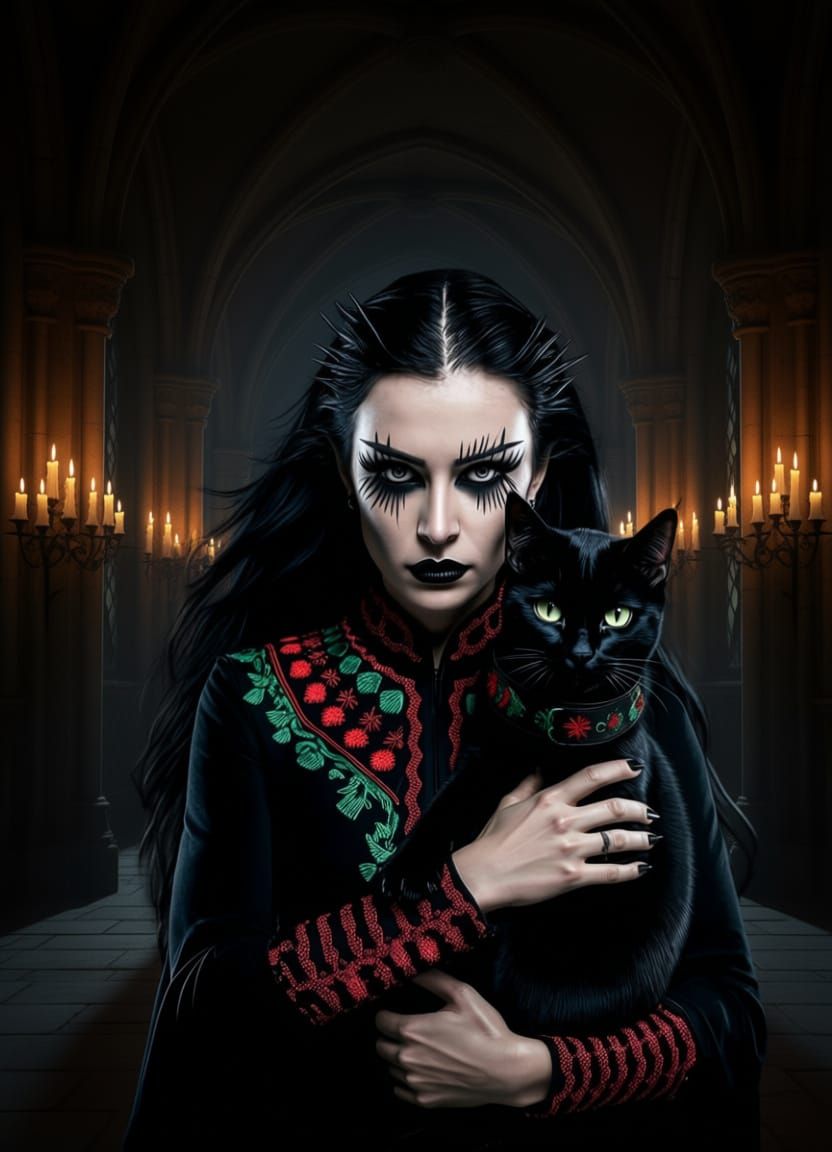 سوداء (Soudah) with black cat | 🇵🇸 gothic portrait (Ideogram 2a - Qwen Image Edit Plus - Clarity Upscale 20%)