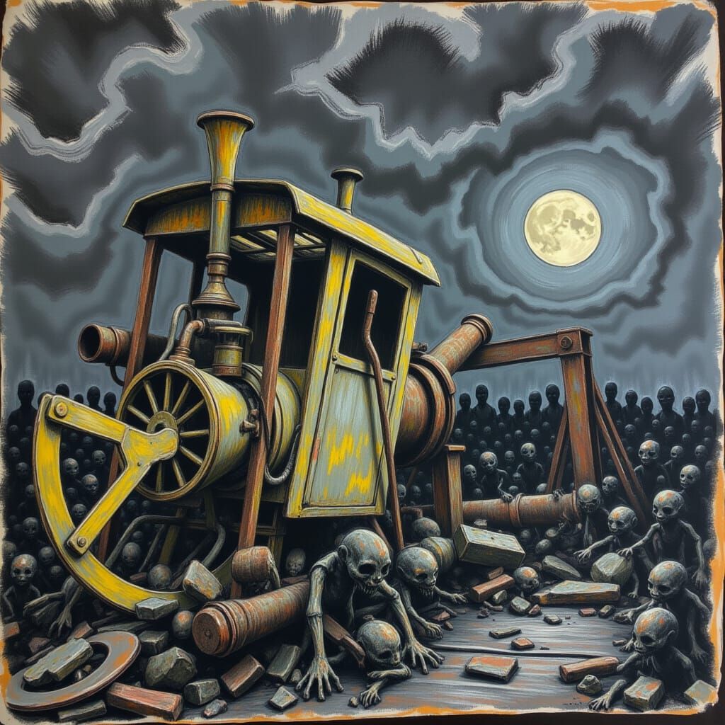 As unnatural creepy text, (Text: "DysTurbd ChaWx") as an eerie Logo, appearing on the side of a rusty train engine. 
:: 
A crude, wide-strok...