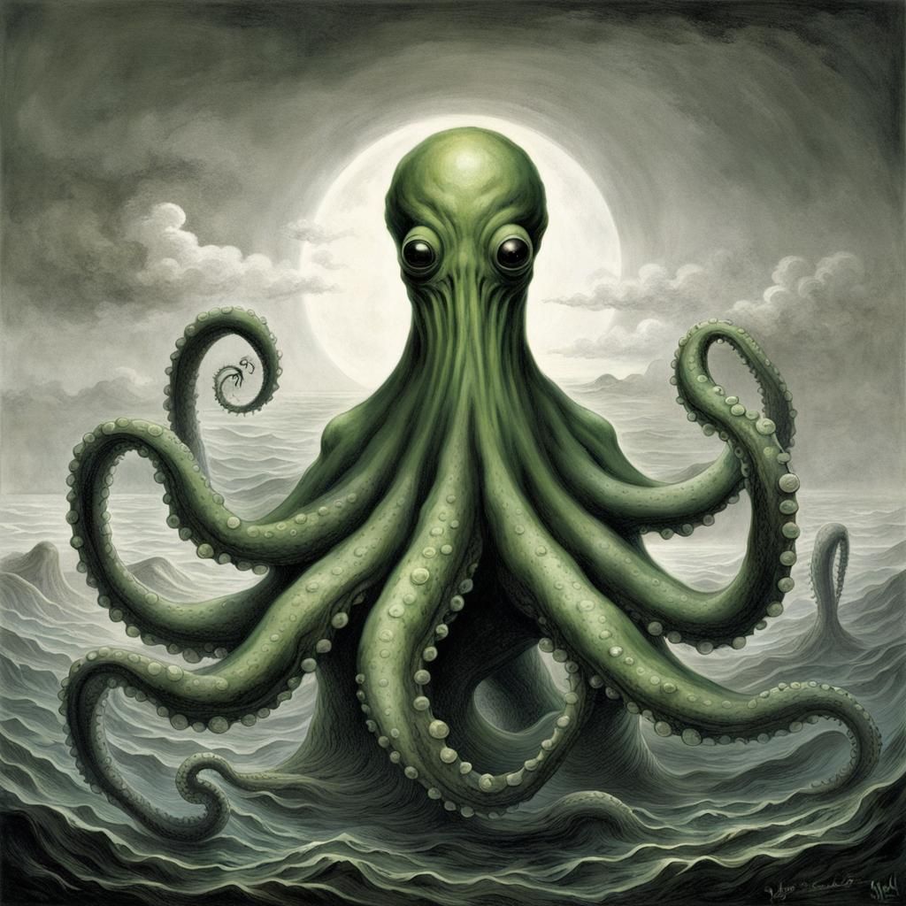 Imagine a green alien dressed in a costume looks like a octo...